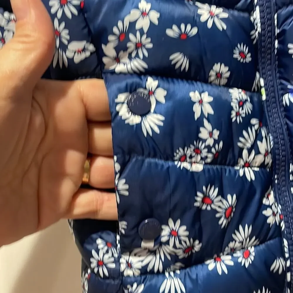 Zara girls 6 blue white floral front zip with pockets puffer jacket euc